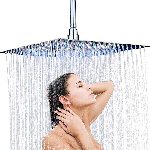Onyzpily Alcachofa de ducha LED ultrafina de acero inoxidable 3 colores cuadrado 40 x 40 cm ducha de lluvia ducha de lluvia cromado