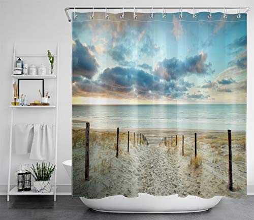 LB Cortinas de Baño Playa 180X200CM Paisaje de océano y Puesta de Sol Cortina de Ducha con Ganchos,Extra Largo Impermeable Antimoho Poliéster Decoración de Baño