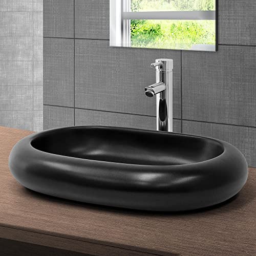 ML-Design Lavabo de Cerámica Ovalado Negro Mate 65 x 45 x 11 cm Con Agujero de Desagüe Lavamanos Moderno Sobre Encimera Sobremesa Pila Para Baño Aseo Fregadero