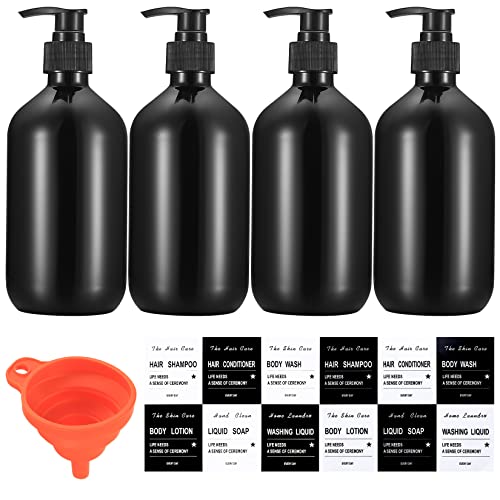 4 Piezas Botellas de Champú Vacías, 500 ml Botellas Dispensadoras de Jabón, Dosificador de Bomba Plástico para Líquido/Jabón/Champú/Loción/Gel de Ducha, con Embudo, Pegatina