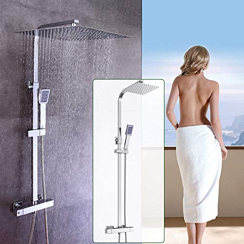 Set de sistema de ducha para bañera, montaje en pared, cuadrado, barra mezcladora de ducha cromado, ducha de lluvia, ducha de 30 cm, alcachofa de ducha de mano BRAU