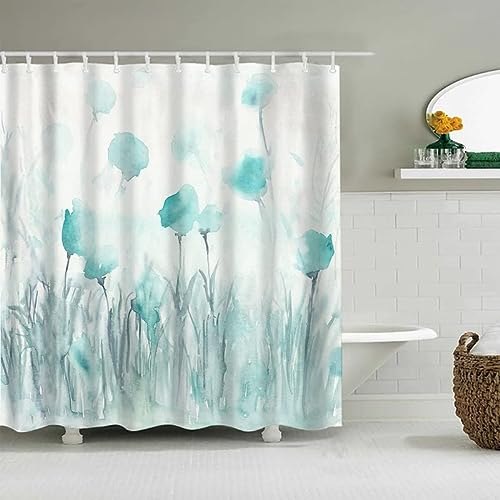 YINGYINGGUAI Cortina de ducha 120 x 200 blanco cortina de ducha con 12 ganchos, cortina de ducha antimoho, impermeable, tela pequeña cortina de ducha para bañera y cuarto de baño, flor azul