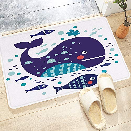 Alfombra De Baño Cocina,Decoración de ballenas, pez gordo de dibujos animados con tema del mar azul m,Alfombrilla de baño con Ducha Antideslizante Lavable a máquina para baño y Sala de Estar 60x100 cm