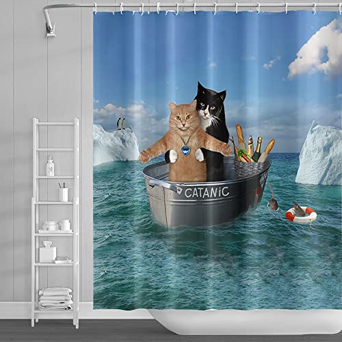 SDOTPMT 180x243cm Lindo Gato Cortina de Ducha Gracioso Mascota Gatito Pareja Cosplay Barco Polo Sur Pingüino Cortina de baño Azul Océano Cortina de bañera para niños Baño Tela Poliéster con Ganchos