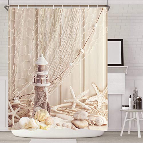 Alishomtll Cortina de ducha textil con anillas 175 x 178 cm, conchas, cortina de ducha de baño, impresión digital, poliéster, antimoho, beige