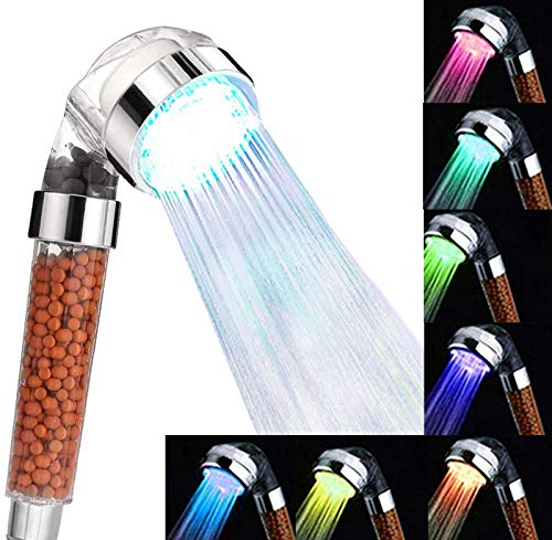 Skupro Cabezal de ducha, ahorro de agua de alta presión, cabezal de ducha LED con cambio de 7 colores, ducha de mano con filtro iónico y de piedra para spa