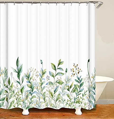 M&W DAS DESIGN Cortina de ducha Vintage Garden Plants Textil Amarillo Verde Natural Crecimiento Cortina tranquilidad resistente al moho Hojas Colores sólidos Incluye 8 anillos C Peso inferior 120 x