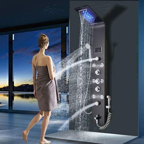 AlenArt - Sistema de torre de ducha LED de acero inoxidable para montaje en pared, cabezal de ducha de cascada, pantalla hidroeléctrica con chorros de masaje, color negro