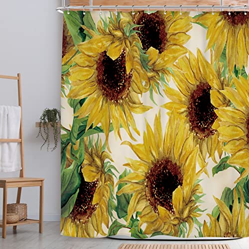 Riyidecor Cortina de ducha de girasol amarillo, pintura al óleo de acuarela vintage, flores verdes, flores rústicas, plantas de campo, juego de tela de poliéster, 72 x 72 pulgadas, paquete de 12