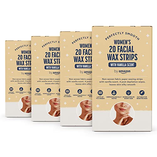 by Amazon Bandas de cera facial con aroma a vainilla, papel de tejido suave con 4 toallitas para después de la depilación (4 uds x 20 bandas de cera)