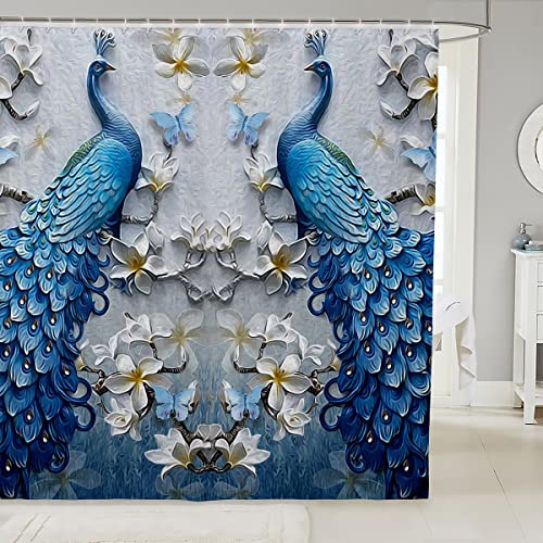 Cortina de ducha de pavo real con ganchos, elegante y hermosa cortina de baño con plumas azules, flores blancas, pájaros florales, animales, accesorios de baño, panel de tela impermeable, 72 pulgadas