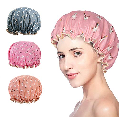 Jieddey Gorro de Ducha de Flamenco,3 PCS Gorro de Baño para Mujer Gorros de Baño de Doble Capa Impermeable Gorro de Ducha Reutilizable con Banda Elástica para Niñas Mujeres