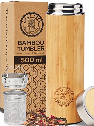 LeafLife Botella Térmica de Bambú con Colador e Infusor de Té 500 ml - Mantiene el Calor y el Frío Durante 12 Horas -Botella de Acero Inoxidable con Aislante al Vacío, Termo Café y Té en Hojas