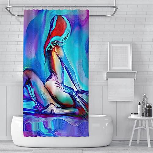 Cortina de Ducha Azul púrpura Mujer Abstracta Forma Delgada Obra de Arte Conjunto de decoración de baño con Ganchos Cortina de bañera para Amantes 220Wx200L