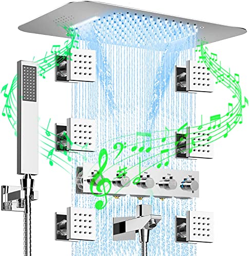 Sistema de ducha musical empotrado, 64 colores, juego de ducha LED con 6 unidades de masaje lateral, baño techo montado cabezal de ducha con Bluetooth, sistema de ducha de lluvia en cascada