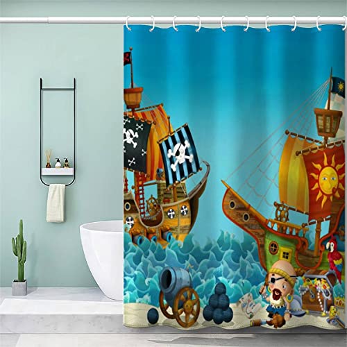 Cortina de ducha de playa con estampado 3D de poliéster impermeable y diseño de barco pirata resistente al moho, cortina de baño con dobladillo pesado, cortina de ducha de 90 x 180 pulgadas con 12