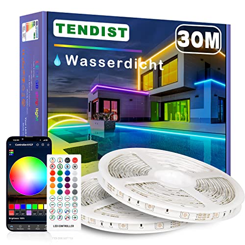 Tira LED Exterior Impermeable 30M, Tendist Inteligente APP Control y Remoto Control IP65, 12V Tira Led Impermeable para Pabellones, Jardines, Fiestas, Aleros (30m, RGB)