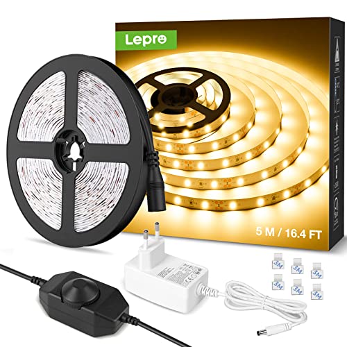 Lepro Tira LED Regulable, Luces LED Habitación 5M 1200lm, Blanco Cálido 3000K, 300 LED, Tira Luz LED para gabinete, armario y más, Incluido fuente de alimentación de 12V y regulador de intensidad