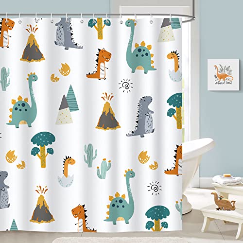 Bonhause Cortina de Ducha Dinosaurio para Niños 180 x 180 cm Cortina de Baño de Poliéster Impermeable Antimoho Lavable Cortina Ducha con 12 Ganchos