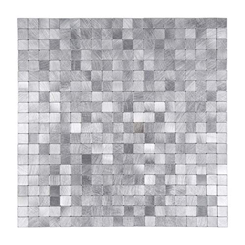Miscasa Pelar y pegar contra salpicaduras de metal, azulejos de pared de aluminio en azulejos de metal, plata, 5 azulejos de 12 x 12 pulgadas (5 pies cuadrados)