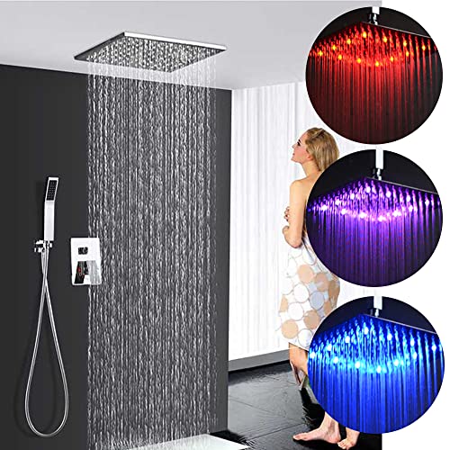 Sistema de ducha LED, sistema de ducha empotrado, juego de ducha de lluvia, montaje en techo, ducha con lámpara LED, cambio de color según la temperatura del agua para baño