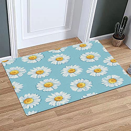 BOMEKS Alfombra Baño,Alfombra Ducha Antideslizante,Daisy Patrón de manzanillas continuas Pétalos florecientes Flor romántica.Amarillo Azul,Alfombra de baño para baño,Ducha,Dormitorio,Cocina,Puerta