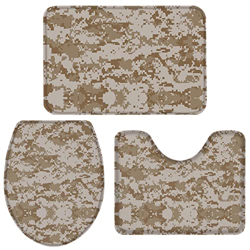 Pedestal Set Camuflaje Militar Caqui Tapa De Inodoro Antideslizante Alfombrilla De Ducha para Dormitorio, Bañera, Ducha