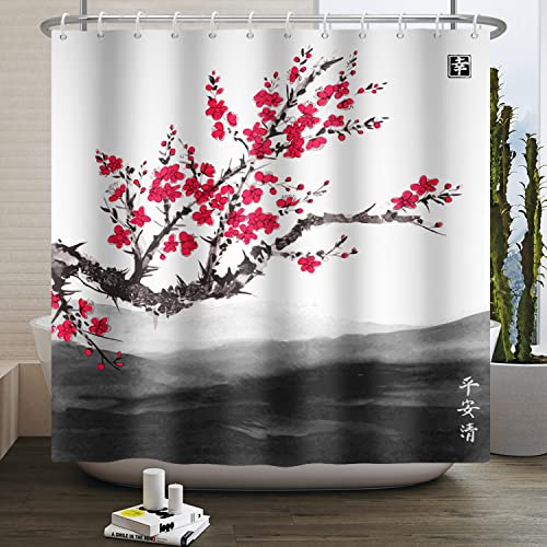 SDOTPMT 90x180cm Rojo Flor de Ciruela Cortina de Ducha Tradicional asiático Japonés Pintura de tintaparalabañera China Bloom Trees Rama Cortina de baño Blanca para Baño Decoración Juego con Gancho