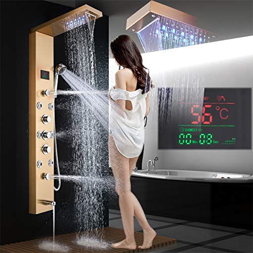 Jimmy Jet - Panel de ducha LED de acero inoxidable con indicador de temperatura y 8 chorros de masaje, color dorado