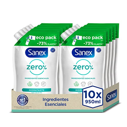 Sanex Zero%, Gel de Ducha o Baño, Piel Normal, Hidratante, Pack 10 Recambios x 950ml