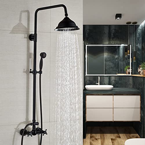 Sistema de ducha de lluvia con termostato, sin grifo, 20 cm, cabezal de ducha de mano, columna de ducha de altura regulable, 90-118 cm, color negro