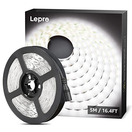 Lepro Tira LED 5 Metros, Luces LED Habitacion 5M, 300LED SMD 2835, Blanco Frío 6000K, Tira LED 12V No Impermeable, Tira Luz para Techo, Escaparate, Muebles, etc. no incluido fuente de alimentación