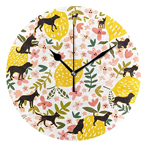 Divertido perro rosa flor y limón amarillo reloj de pared redondo decoración de la habitación de los niños reloj de cuarzo atómico silencioso Png funciona con pilas 10 pulgadas de tiempo decorativo