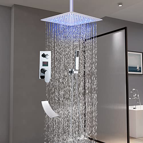 Zamery LED Sistema de ducha empotrado con cabezal de ducha cuadrado de 16 pulgadas - Ducha - Mezclador de bañera en cascada, latón montado en el techo conjunto de ducha acabado cromado pulido