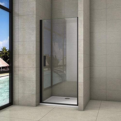 Mampara de ducha Frontal, Mampara abatible, una puerta giratoria, perfiles negro mate, vidrio de templado seguridad, antical, transparente de 8mm 80X200cm