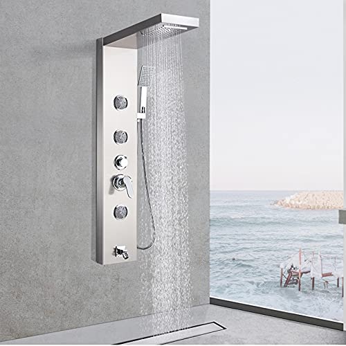 Saeuwtowy Sistema de Torre de Panel de Ducha de acero Inoxidable de níquel cepillado montado en la pared, cabezal de ducha de cascada de lluvia de 5 funciones y sistema de masaje, ducha de mano