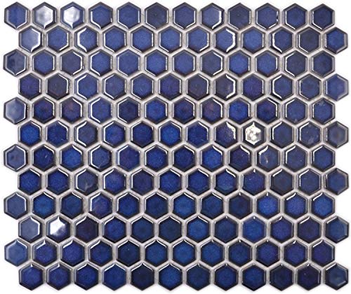 Mosaico de cerámica, hexagonal, azul cobalto, brillante, para pared, suelo, cocina, ducha, baño, azulejos, mosaico