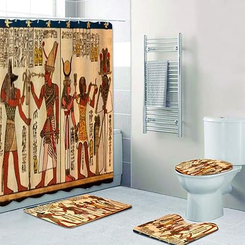 AiManFen Étnico Antiguo Egyt Egytian Baño Decoración Casera Vintage Dioses Egipcios Faraones Papiro Cortinas De Ducha Set Alfombras De Baño Mat Inodoro 180x180cm