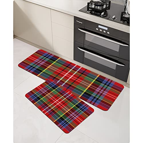 URSOPET 2PCS Alfombras Cocina Goma Alfombra de Baño Ducha,Tela Escocesa roja, patrón de Falda Escocesa Motivos Tradicionales Escoceses AST,alfombras de Cocina Antideslizantes Lavables