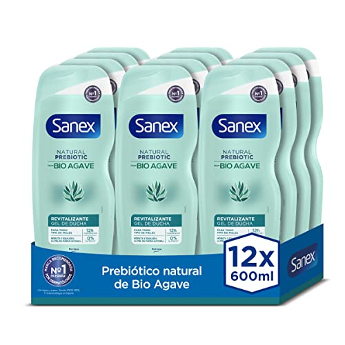 Sanex Natural Prebiotic Bio Agave Revitalizante, Gel de Ducha o Baño, Pieles Normales, Pack 12 Uds x 600ml