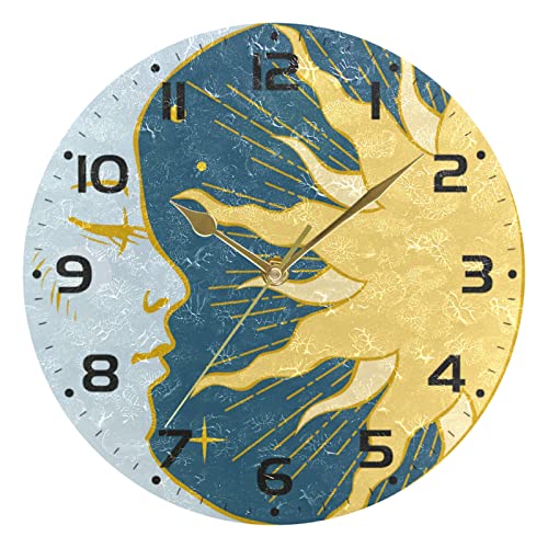 Reloj Boho Sol y Luna Redondo Reloj de Pared Decoración de la Habitación del Hogar Reloj de Cuarzo Atómico Silencioso Png Azul Amarillo Funciona con Pilas 10 Pulgadas Relojes de Tiempo para