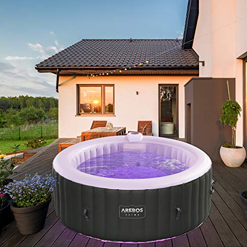 Arebos SPA Hinchable | Piscina de hidromasaje con iluminación LED | ⌀ 180 cm | 6 Colores | Hinchable | Redonda | para Interior y Exterior | 4 Personas | 130 chorros de Masaje | 800 litros