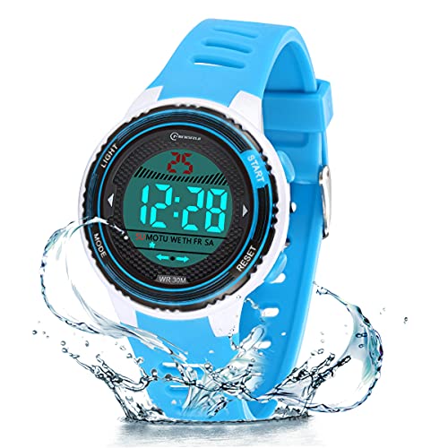 DTKID Reloj Digital para niños, niñas, Reloj de Pulsera Resistente al Agua con 12/24 H, Reloj Despertador, luz de Fondo de 7 Colores, Regalos de cumpleaños para niños y niñas (Azul claro-8563B)