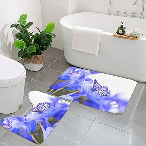Evealyn Campanula - 2 alfombras de baño con estampado de mariposas antideslizantes rectangulares + alfombrilla de inodoro en forma de U para baño, bañera y ducha