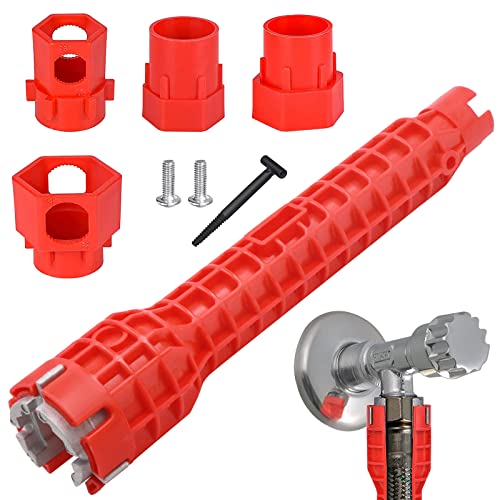 JNZLT Llave de fregadero, herramienta de instalación de lavabo, llave de doble cabezal multifunción para grifos de lavabo, inodoros y grifos (rojo)