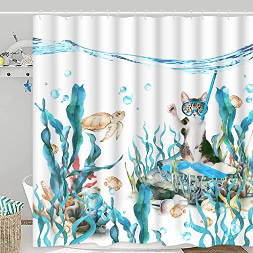 Yugarlibi Mar Azul Cortina de Ducha Anti-Moho Divertido Gato Niños Cortinas de Ducha Antibacteriano Tela Impermeable Cortinas de Ducha Limpiar con un paño Cortina de Ducha Textil 175x178cm