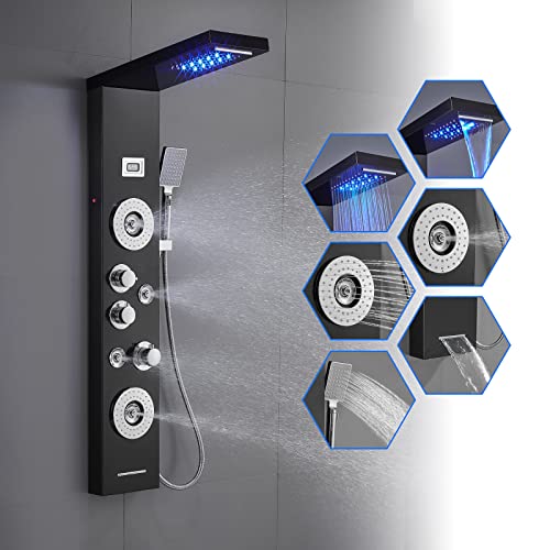 ROVOGO Panel de ducha con grifo LED, 7 funciones (LED iluminado, ducha de lluvia, cascada, chorros de masaje, ducha de mano, 304 columnas de ducha de acero inoxidable, color negro