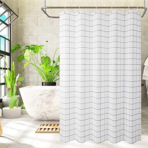 KIPIDA Cortina de ducha textil, antimoho, impermeable, lavable y antibacteriano, tela de poliéster con 8 cortinas de ducha, 120 x 180 cm, cuadrado blanco