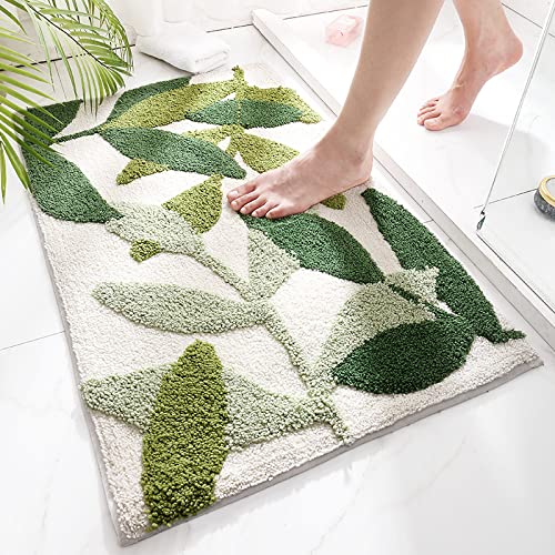 vizoe Alfombra de baño antideslizante, duradera y absorbente de agua con alfombrilla de baño antideslizante para ducha, bañera, suelo de baño, lavable a máquina, suave y acogedor, hojas verdes (20 x