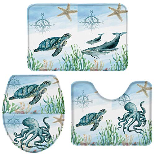 Juego De Alfombrillas De Baño Mar Criatura Marina Ballena Tortuga Marina Alfombra De Baño De Secado Rápido Antideslizante Alfombrilla De Ducha para Casa, Bañera, Ducha